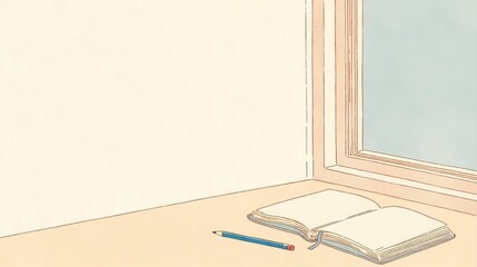 静かな窓辺と開いた本のイラスト 背景素材