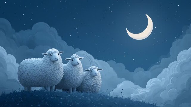 Three Fluffy Sheep Standing Under a Crescent Moon Night Sky