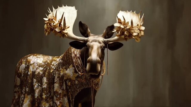A moose wearing an elegant gold and white dress stands gracefully in a natural setting.