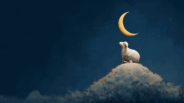 Sheep sits on a cloud looking at the crescent moon at night
