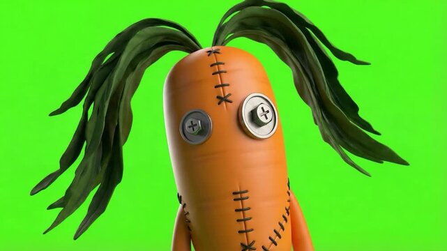 Whimsical Carrot Character: A quirky carrot character with button eyes and stitched features stands out in front of a bright green backdrop, an imaginative display of vegetable-themed artistry.