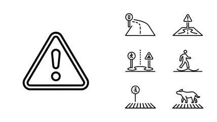 Traffic Warning Road Sign Line Icon Set © Awaisii