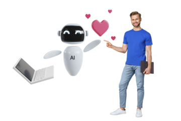 Composite trend artwork 3D sketch image photo collage of robot assistant artificial intellect young man stand finger point laptop online