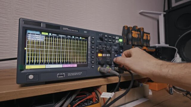 Engineer's hand turns knobs on an oscilloscope, adjusting a yellow waveform. Concept of diagnostics, scientific measurement, and precision electronics engineering.