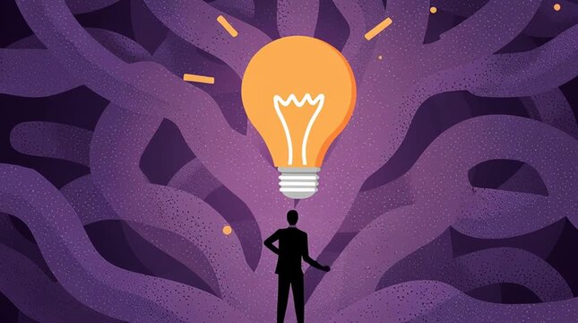 Illuminating Innovation: A lone figure, silhouetted against a swirling vortex of thoughts, is uplifted by the radiant glow of a lightbulb, symbolizing the birth of an idea, innovation, inspiration.