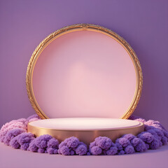 Luxurious Gold Podium with Purple Flowers and Pink Background for Product Display