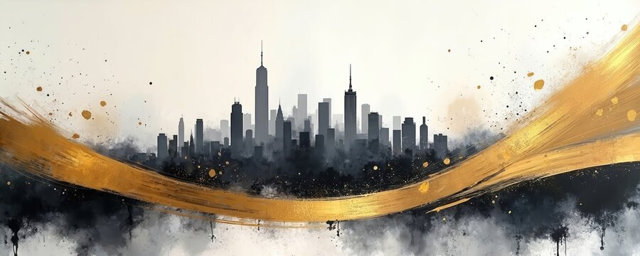 Abstract cityscape with dark grey skyscrapers and golden brush strokes. Splattered paint and minimalist design create a modern, elegant urban scene with subtle textures and a sense of depth.