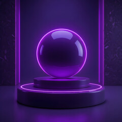 Glowing purple crystal ball on futuristic podium with neon light in dark sci-fi background