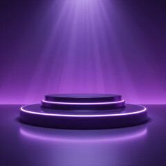 Purple Neon Lit Podium Stages with Spotlight in Modern Studio Setting