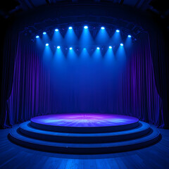 Empty theater stage with dramatic blue and purple lighting spotlight effect professional performance backdrop