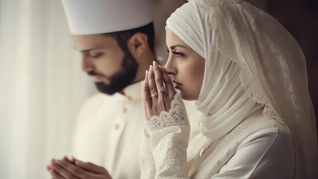 Muslim Couple Praying Together in White Traditional Attire