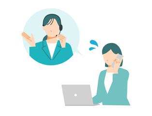 PCを前に困っている女性と案内をするヘッドセットをしたコールセンターの女性のイラスト。
