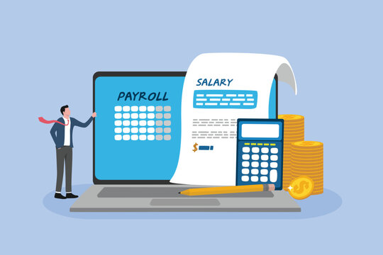 Businessman standing with online payroll computer, salary payroll system, office accounting administrative or calendar pay date, online income calculates and automatic payment, employee wages concept.