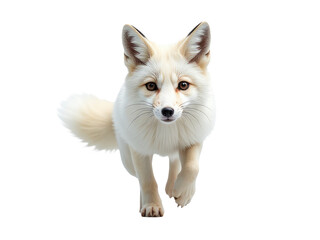 Fototapeta premium A white fox runs across a plain white background