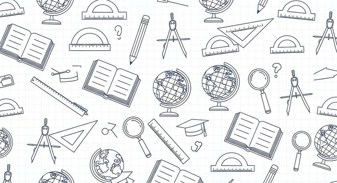 A seamless pattern of various school stationery items and educational tools on a white background with a repeating design