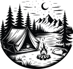 Hiking camping vector illustration designed for mountain travel, outdoor activities and adventure themed graphics.