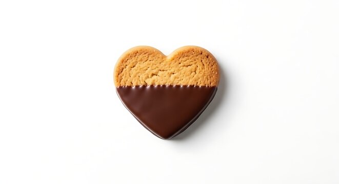 Heart shaped cookie partially dipped in dark chocolate on white background