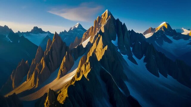 Ultra-realistic drone shot flying above razor-sharp Himalayan peaks, golden sunrise casting, 4K, 2026