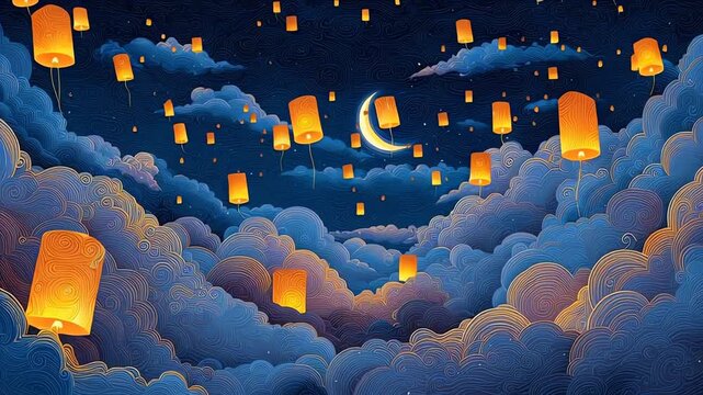 Floating Sky Lanterns Over Stylized Night Clouds and Crescent Moon