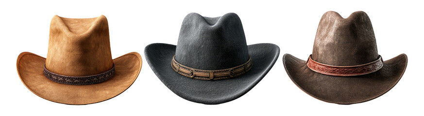 Three Distinct Cowboy Hats in Clipart Style for Creative Projects