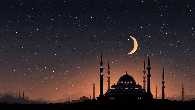 Mosque Silhouette against Starry Night Sky with Crescent Moon Digital Illustration