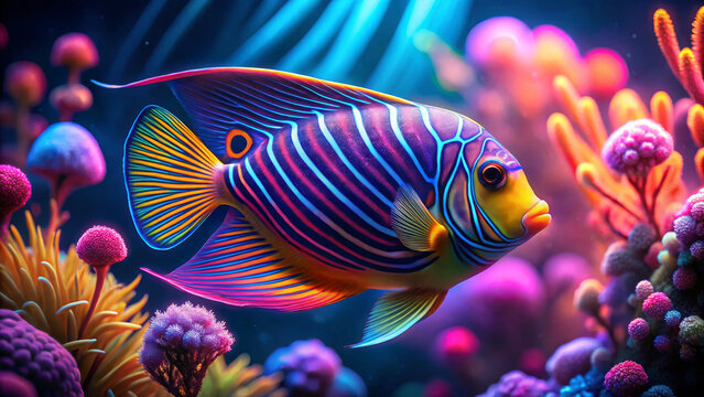 Futuristic neon royal angelfish glowing among colorful corals