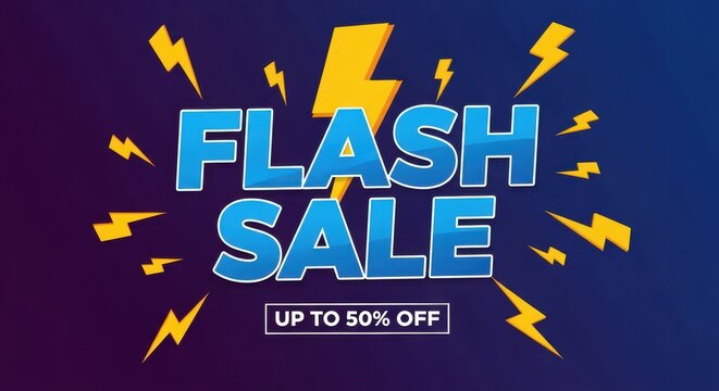 Flash Sale Banner with Lightning Bolts and 50% Off Discount