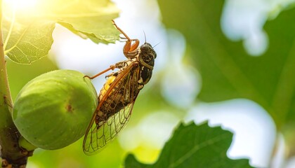 A detailed shot of a cicada clinging to a fig amidst leaves, illuminated by sunlight