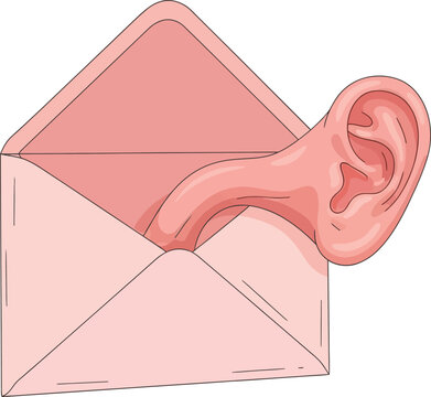 Pink envelope open, human ear emerging, secrets, gossip, listening, information, communication, confidences, private