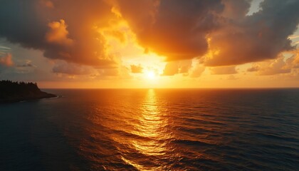 Obraz premium Golden sun descends over calm ocean horizon. Warm light reflects on rippling water surface. Dark clouds drift across bright sky above sea. Coastal landmass visible on left.