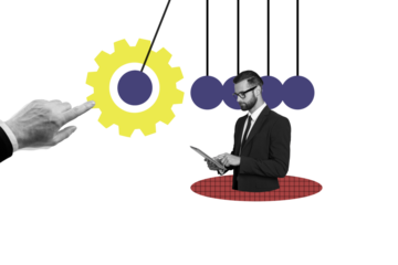 Composite photo collage of serious businessman hold tablet surf settings gearwheel optimization hand point isolated on painted background