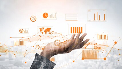 A hand reaches out towards a representation of digital data visualizations, showcasing various graphs and statistics that symbolize business growth in a technological framework. Xenic