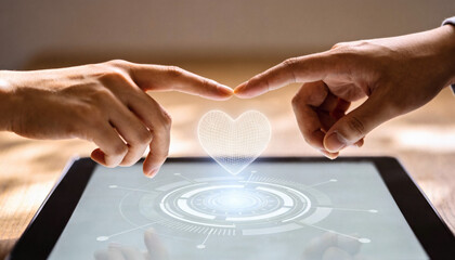 This high-quality conceptual image features two individuals connecting through a delicate touch of their fingertips on a polished, reflective glass table. A luminous, digital holographic heart icon is