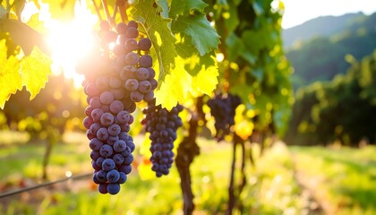 Ripe purple wine grapes hanging on a vine in a sunlit vineyard at sunset.