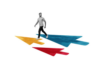 Composite photo collage of happy man walk cursor arrow development success growth business progress isolated on painted background
