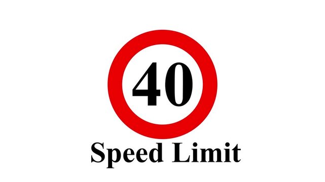 Speed Limit 40  ,Shin Tomei expressway speed limit 40 road sign ,Maximum Speed 40 road sign, regulatory notice against a deep white background Maximum velocity 40 miles board appearing. 4k video.