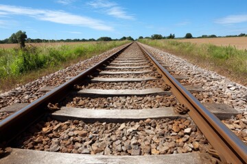 Fototapeta premium Extending Railway Tracks Through Open Landscape on a Sunny Day