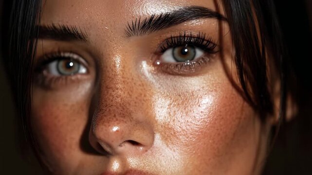 A woman with freckles on her face, smiling softly, with her hair loosely styled.