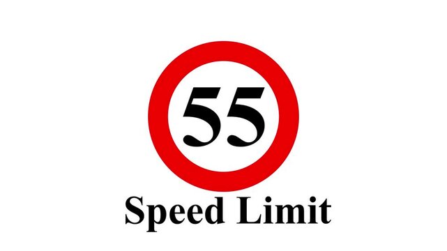55 Speed Limit Sign ,Shin Tomei expressway speed limit 55 road sign ,Maximum Speed 55 road sign, regulatory notice against a deep white background Maximum velocity 55 miles board appearing. 4k video.