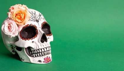 Decorated Day of the Dead sugar skull with pink and orange roses on a solid green background.