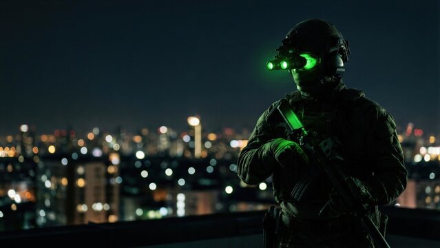 Tactical man standing with night vision goggles and assault rifle on night city rooftop. Protection, security, operation concept
