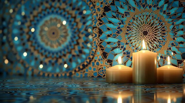 Warm Candles Glow on Blue Mosaic Surface Ramadan Festival
