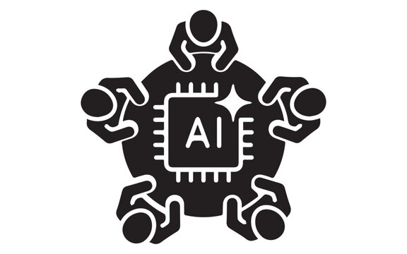 People gathered around a table with an artificial intelligence microchip icon
