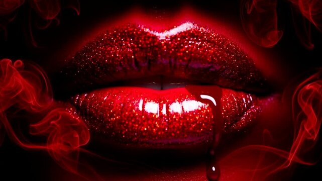 Vampiric lips gleam with red glitter and fangs, a drop of blood and smoky tendrils add to the dark, seductive allure
