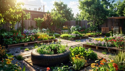 Colorful Urban Garden with Repurposed Raised Beds at Sunrise in City Setting