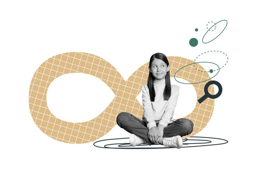 Creative collage picture young girl kid sitting checkered background magnifying loop enlarger discover explore search find infinity