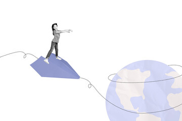 Composite trend artwork image photo collage of school age girl fly huge origami paper plane line route travel planet earth global world