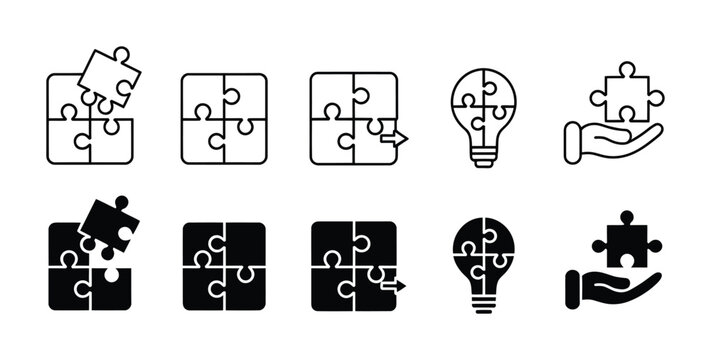 Collection of vector puzzle pieces in various creative arrangements and designs