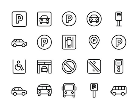 Collection of vector icons depicting various parking signs and symbols in a clean design