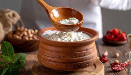 A hand scoops creamy cottage cheese from a clay pot. Ingredients surround on a wooden table